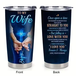 20oz Insulated Stainless Steel Tumbler with Lid - Christian Wife Gift from Husband, Blue Galaxy Cross Design, Portable Coffee Flask Bottle