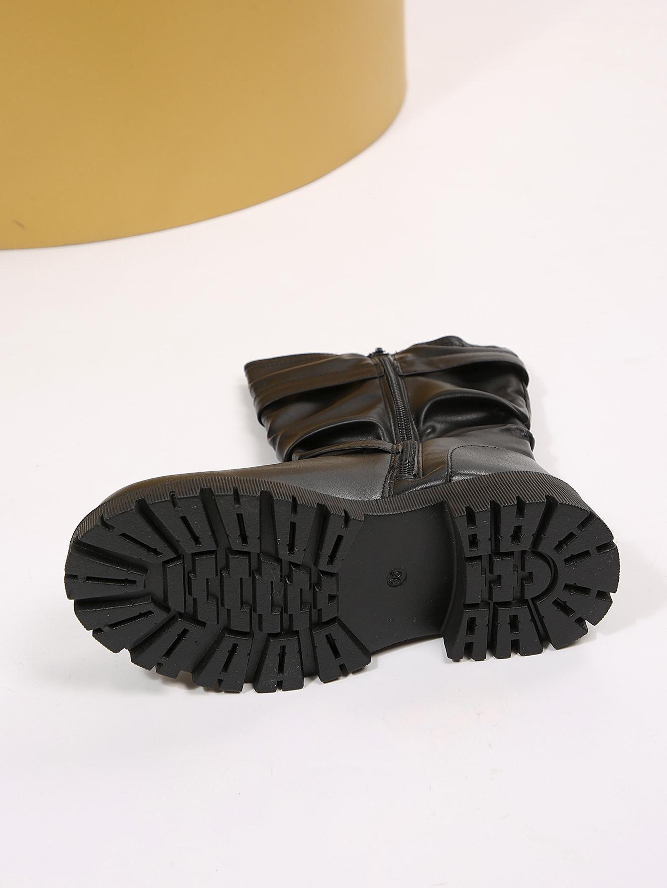 Women's Double Buckle Ruched Ankle Boots, Stylish Y2K Moto Winter Shoe, Womensfashion PU Leather Boots for Women, Low Heel Walking Footwear, Perfect Valentine's Day Gift