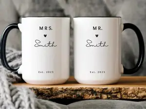 [Made In US] Set Personalized Mr & Mrs Coffee Mug Set – Custom Last Name Wedding Mugs, Est. Year Couple Gift, Newlywed Husband & Wife Present