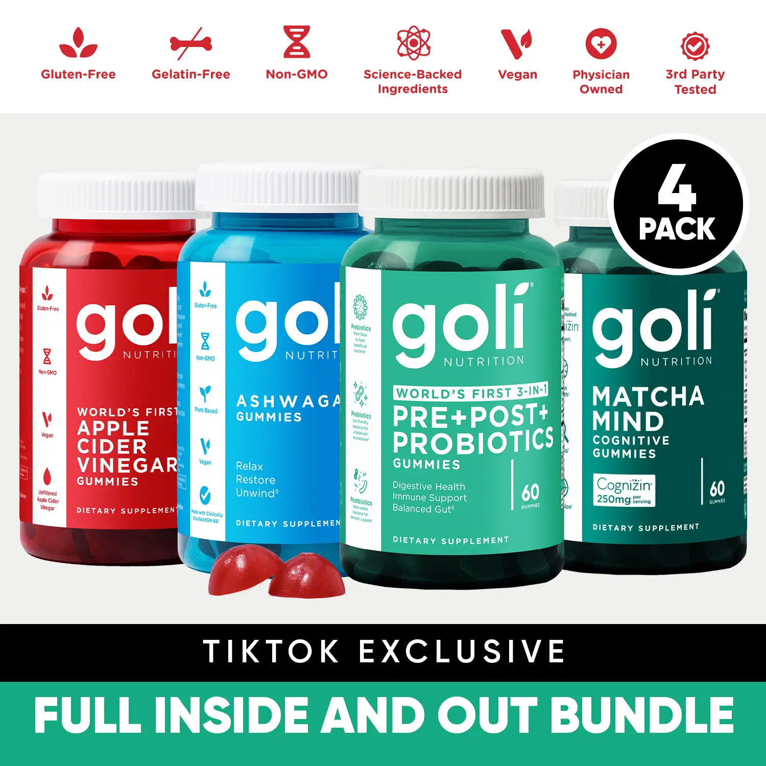 Goli's Inside & out Bundle for Stress, Gut, Immune & Cognitive Support – World’s First 3-in-1 Pre, Post & Probiotic, Apple Cider Vinegar & Vitamin B12, Ashwagandha & Vitamin D, + Matcha Mind Gummies with Cognizin. Gluten & Gelatin-Free, Vegan, Non-GMO