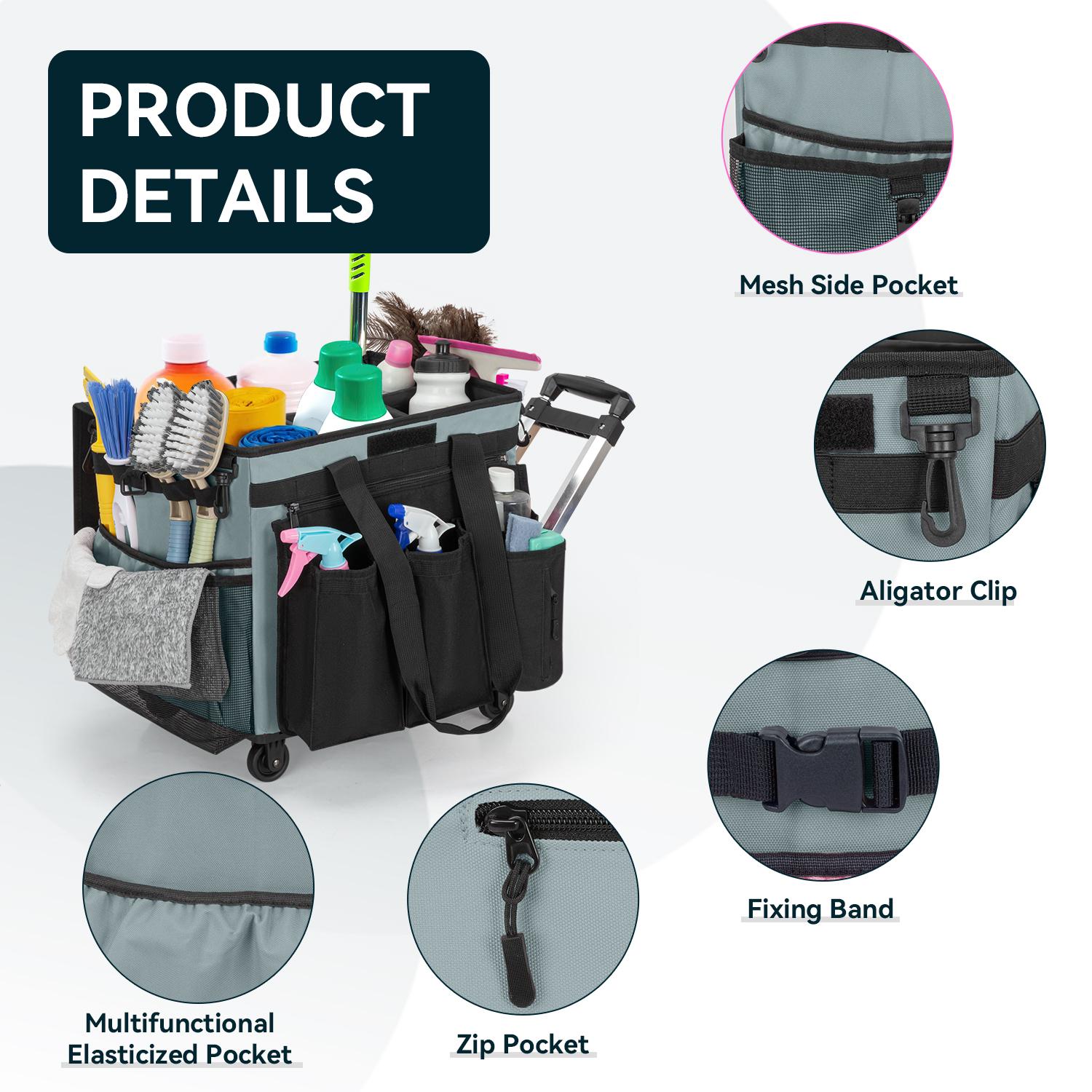 Cleaning Caddy Bag with Wheels, Extra Large Rolling Cleaning Caddy Bag with Detachable Trolley for Housekeepers, Water Resistant Cleaner Supplies Organizer with Wheels for Kitchen, Tool Organizer
