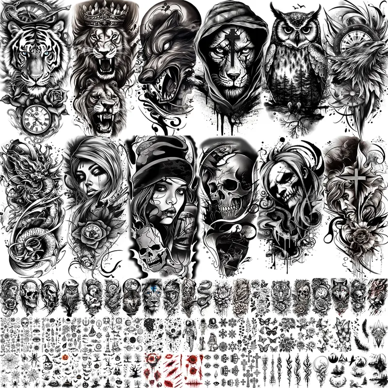 72 Sheets Halloween Temporary Tattoos for Men Women Adults - Black 3D Realistic Scary Animals Skulls Scars, Fake Tattoos Set for Cosplay Arm Sleeve Neck, Waterproof Long-Lasting Body Tattoo Sticker Gothic