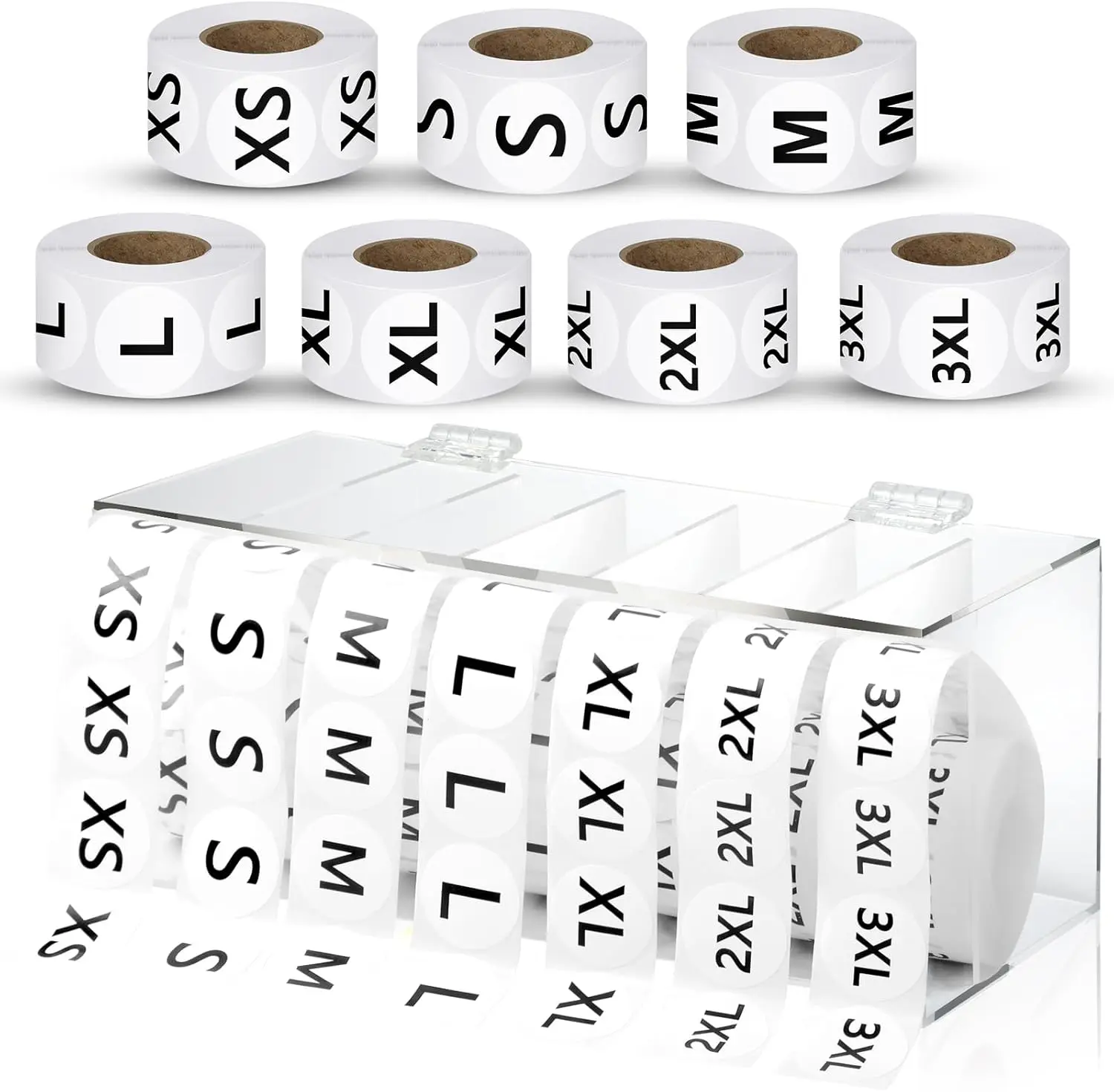 3500 count Size Stickers Labels Holder Labels Organizer  Sticker Roll Dispenser Tshirt Size Stickers for Clothing T Shirts Retail 7 SizeXS S M L XL 2XL 2XL (Black and White)