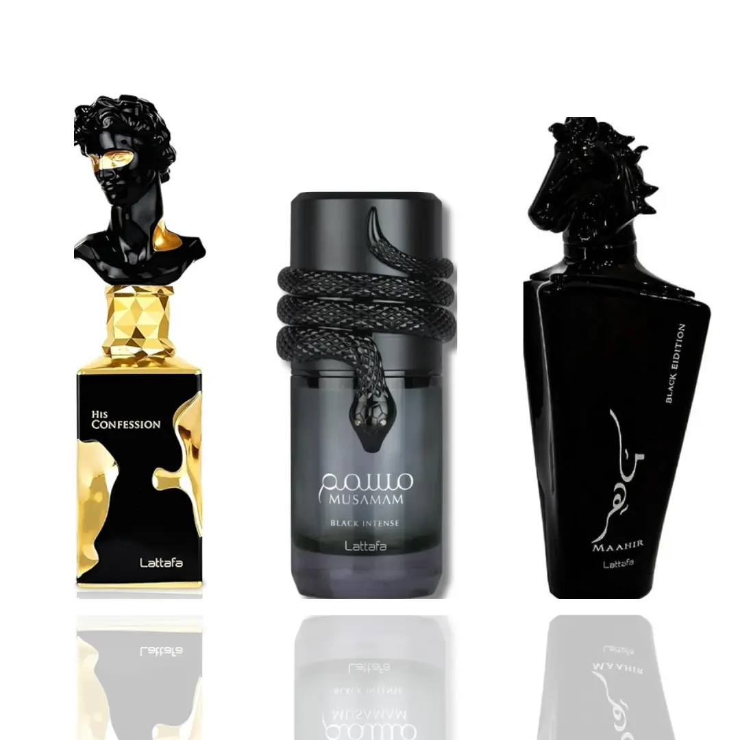 Lattafa Unisex 3-Piece Fragrance Bundle Set - His Confession, Musamam Black Intense, Maahir Black, Arabic Inspired Scent, Bold Passionate Scent, EDP Perfume, EDT-EDP Spray, Floral & Spice-Rich Complex Blend