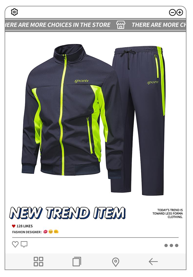 Men's street-style athletic set featuring a windproof, lightweight construction. Crafted from smooth, skin-friendly fabric that resists pilling, it maintains its shape and texture withstanding daily wear. Ideal for sports and leisure activities.