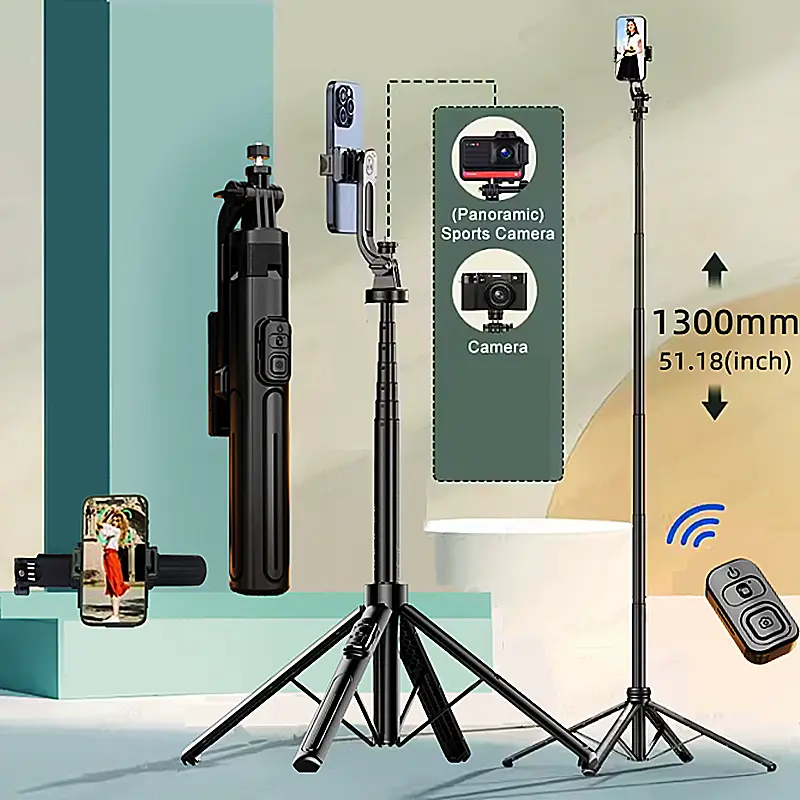 Aluminum stand 1.3m Selfie Stick four Tripod Bluetooth Remote monopod with 1/4 Interface holder for Phone Camera Vlog campingessentials Cellphone Recording