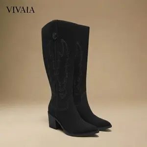 VIVAIA Women Pointed-Toe Western Knee-High Boots with Embroidered Design and Chuncky Heel Winter Festive Celebration Collection Wide Calf Boots for Western Events Horseriding Cowboy Boots vira boots (Willow&Wynne) SpringStatements
