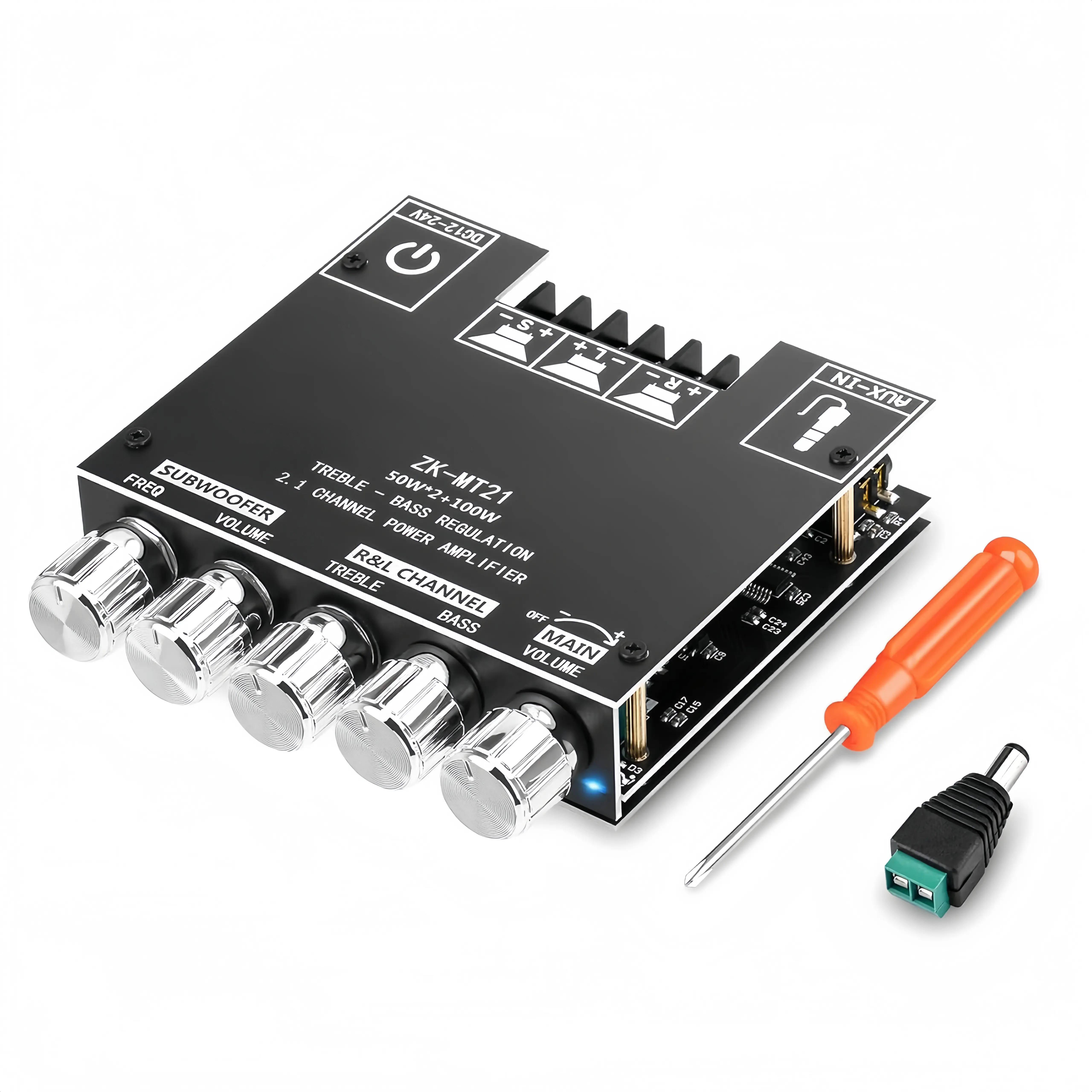 ZK-MT21 Bluetooth 5.0 Audio Amplifier Board 2.1 Channel 50W×2+100W Mini Subwoofer Power Amp HiFi Digital Audio Amp Module for Home Speakers 20-100W 4-8Ω DC 12-24V BT AUX Input