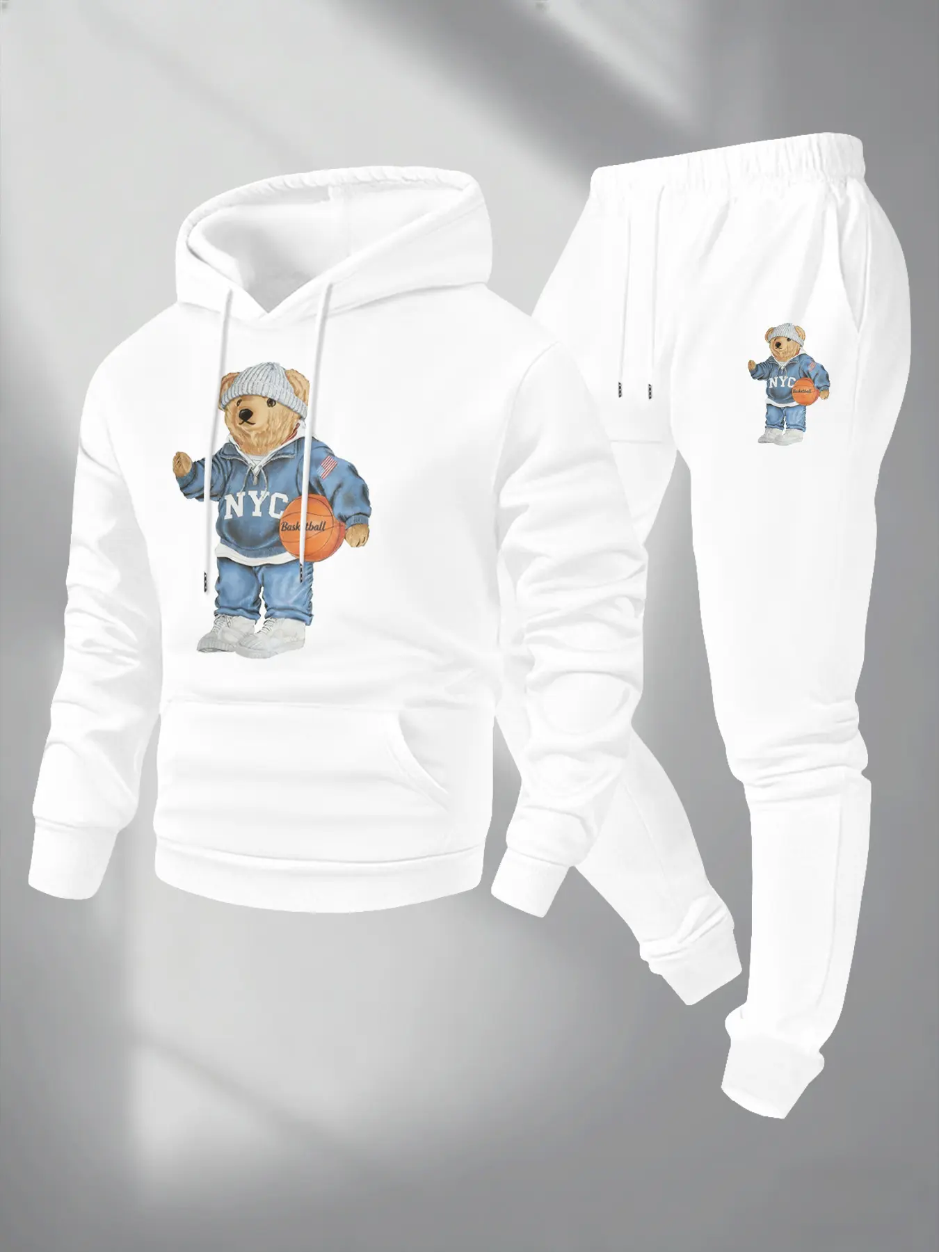 Men's Bear Basketball Hoodie Set, Casual Long Sleeve Sweatshirt and Sports Pants, Fall & Winter Comfort, Streetwear Tracksuit Set, Athleisure Sweatsuit, Athleisure Tracksuit Outfit
