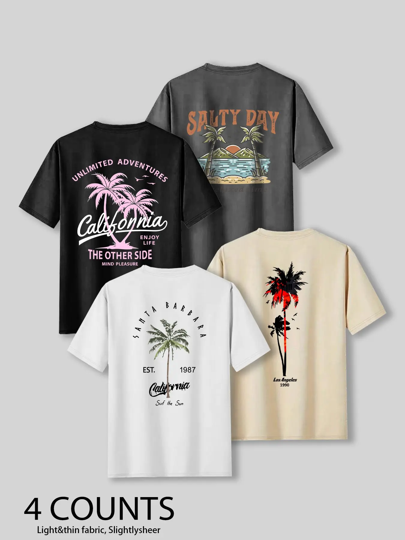 Summer Casual Beach Vibe Style Tropical Coconut Tree Print Top, Unisex Fashion Fitted Casual Graphic Tee T-Shirt Short Sleeve 4-Pack, Comfortable Fit, Perfect for Daily Wear