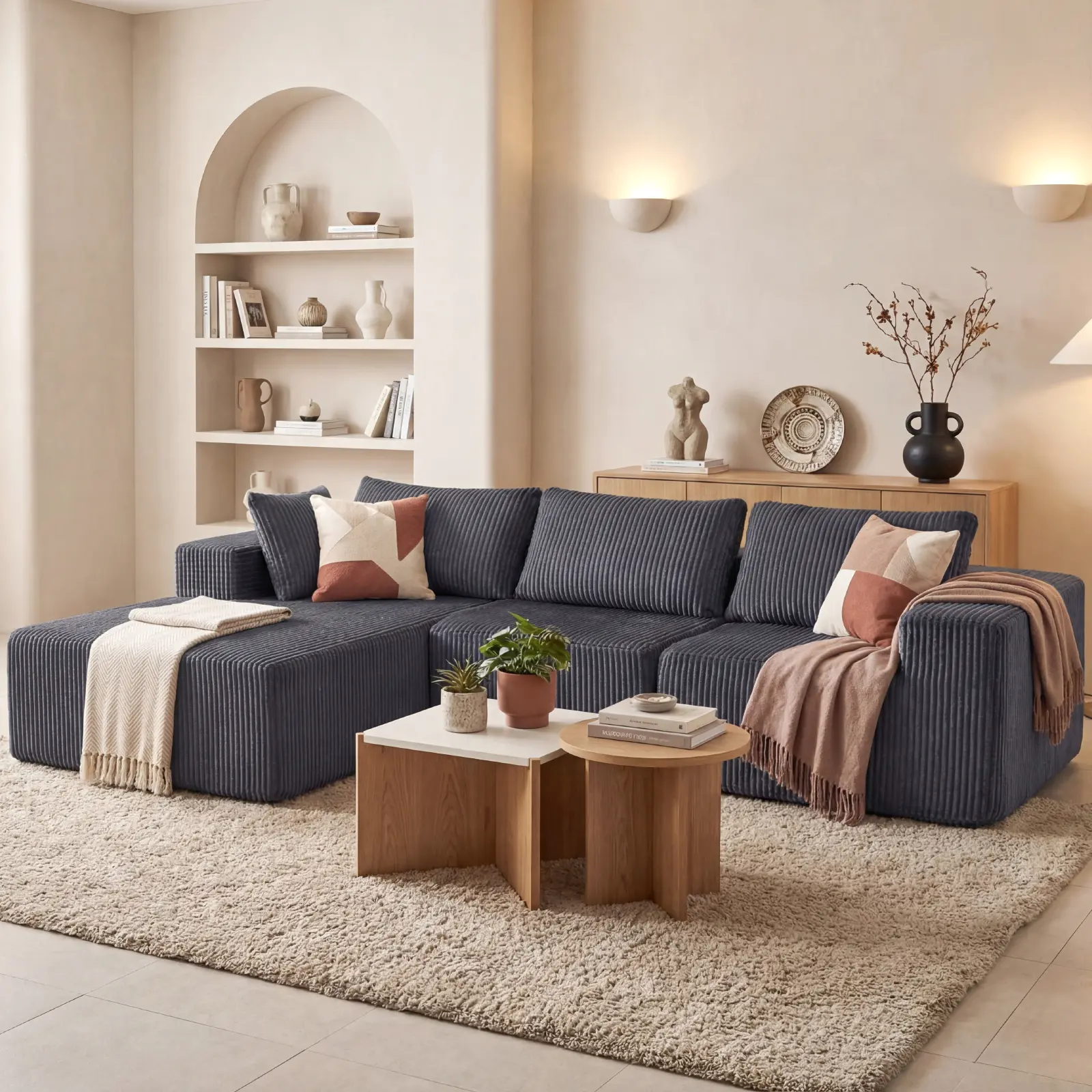 Sweetcrispy 108in Customizable L-Shape Modular Cloud Couch Boneless Deep-Seat Classic Beige Upholstered Sectional with Modern Chaise Lounge, Living Room Sofas, Boneless Sofa Set, Indoor Living Room Furniture