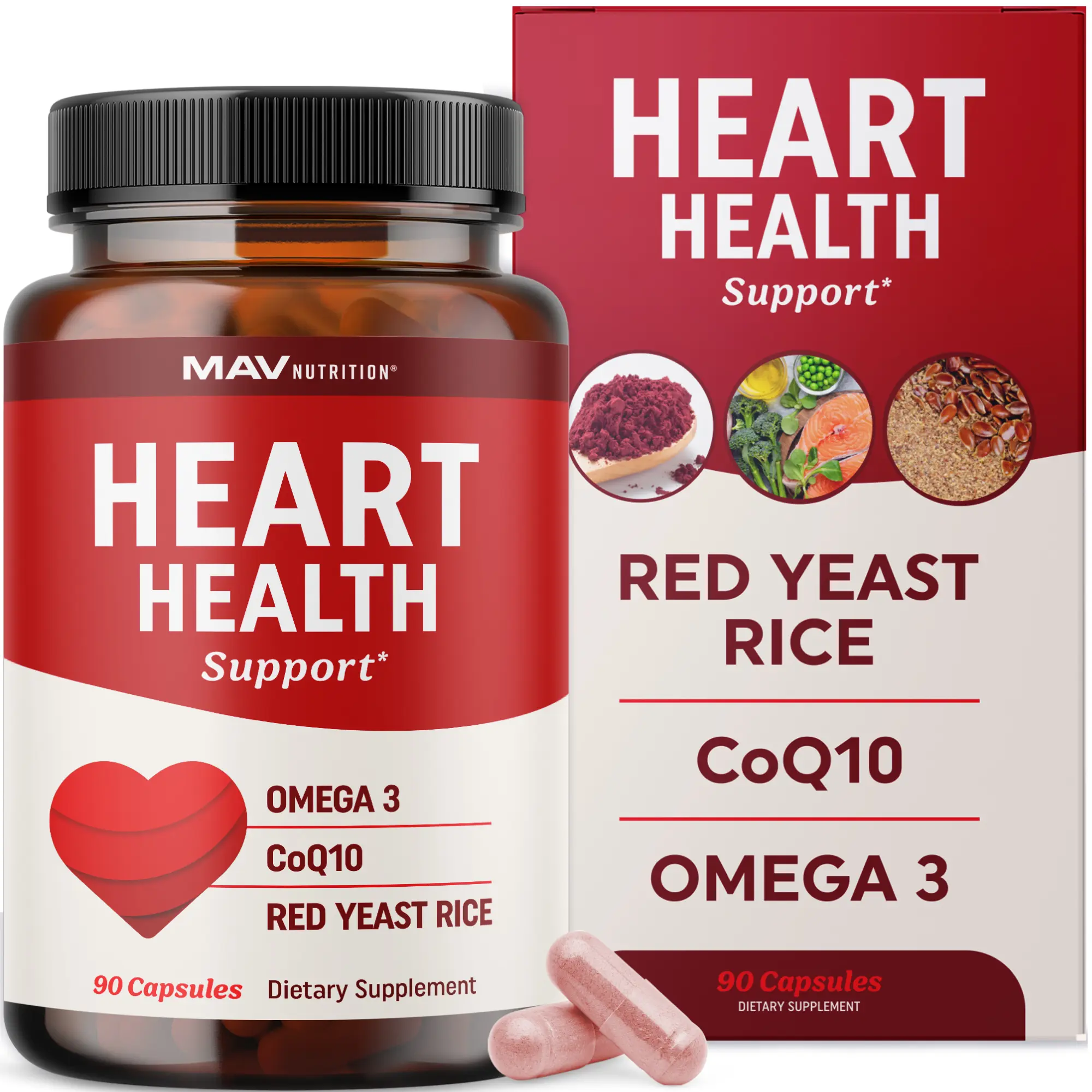 MAV Nutrition Red Yeast Rice with CoQ10 & Omega 3 for Healthy Cholesterol Support 1200mg Heart Health 90 Capsules Non-GMO Gluten-Free