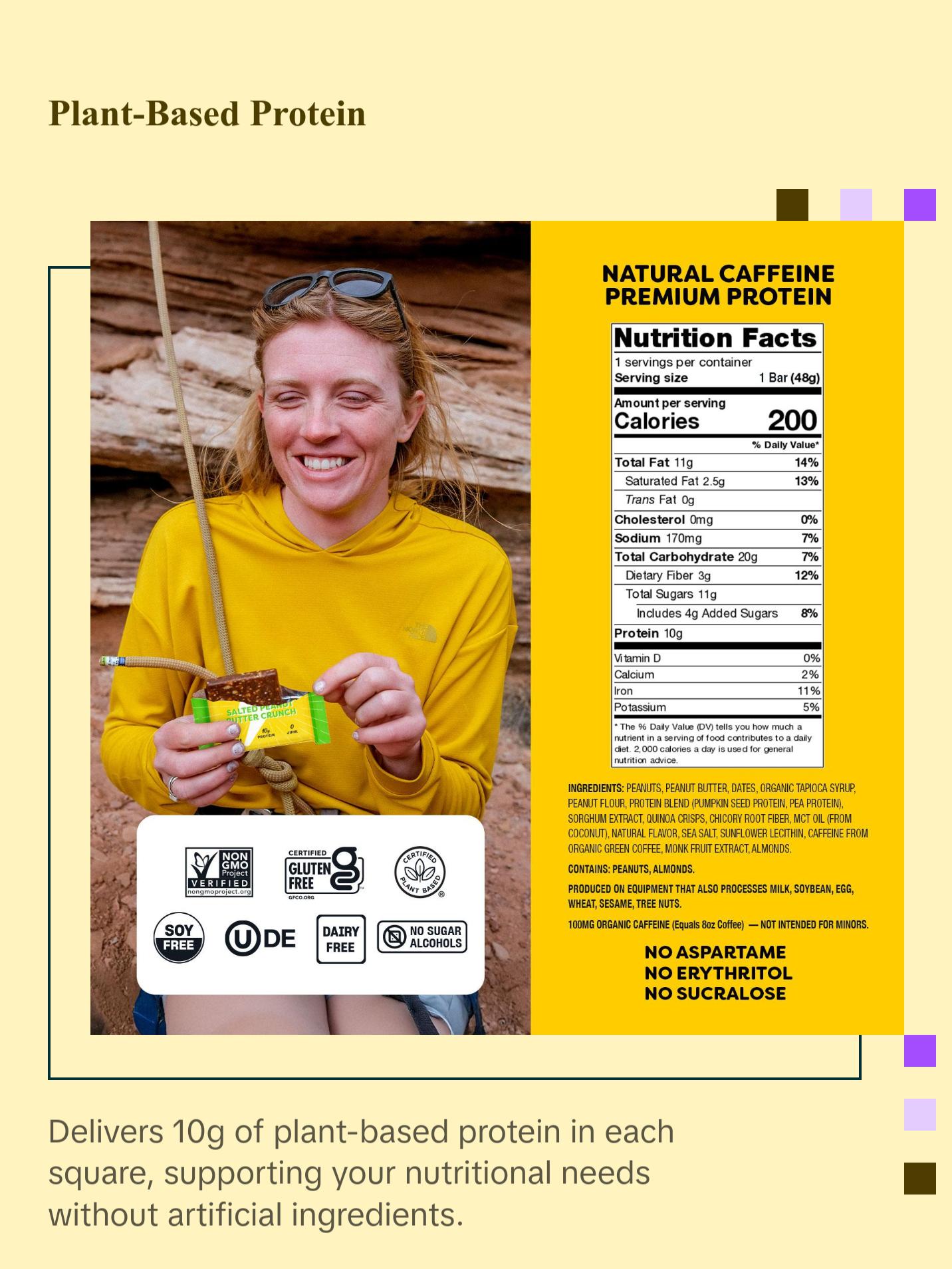 Quantum Energy Square Healthy Protein Energy Bars Salted Peanut Butter Crunch 8Pk Snack - Organic Caffeine with Balanced Macronutrients, 10g Plant-Based Protein, Vegan, Gluten-Free, Non-GMO