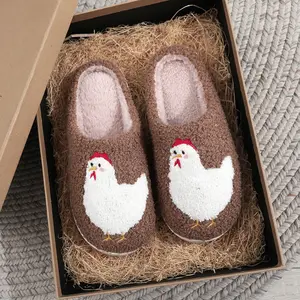 Soft Plush Hen Slippers for Women, Fluffy Comfy Home Slippers, Cute Chicken Embroidered Indoor Outdoor Shoes, Spring Winter Gift for Farm Parents
