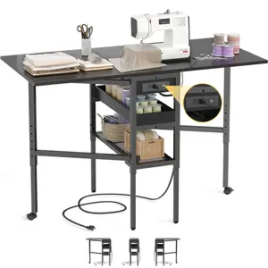 Folding Sewing Cutting Table with Charging Station, Height Adjustable Craft Table with Storage, 50" Foldable Fabric Cutting Tables for Sewing Room Craft Room