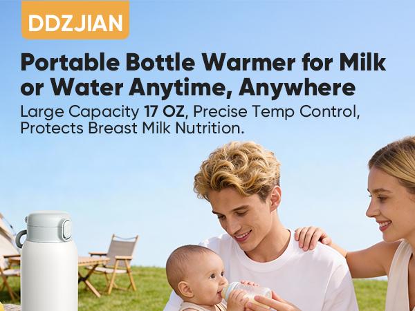 DDZJIAN Portable Baby Bottle Warmer Breast Milk Formula & Water Fast Heating 17oz Large Capacity 98ºF-131ºF Accurate Temperature Control 10400mAh for Travel Outdoor Vehicle Car Airplane Journey
