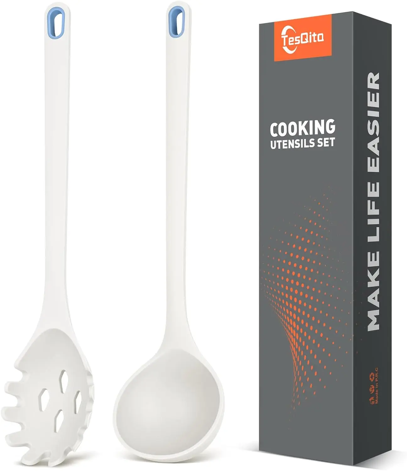 2-Piece Silicone Kitchen Utensils Set - Pasta Spaghetti Spoon, Soup Ladle, Hanging Cooking Spoons for Stirring, No-Scratch for Nonstick Cookware, BPA-Free, 450℉ Heat Resistant (White)