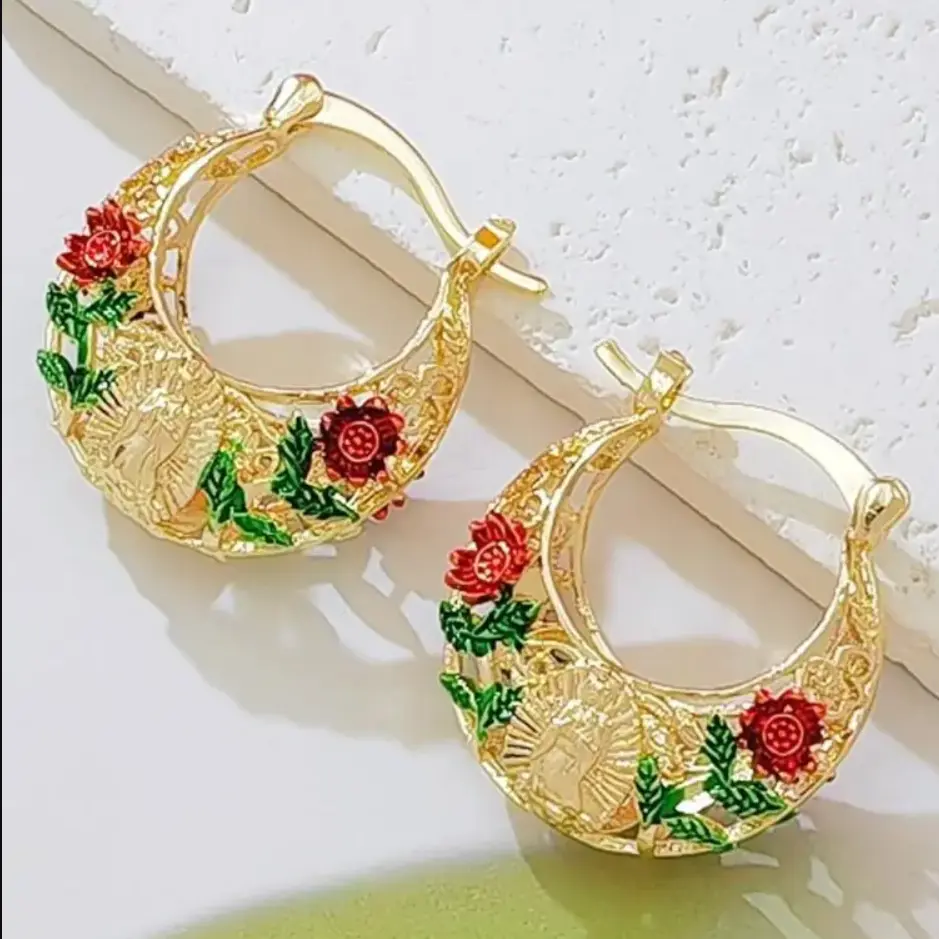 Women's Trendy Jewelry 14K Gold-Plated Floral Hoop Earrings - Enamel Rose, Hollow Design, Vintage Bohemian Costume Jewelry Gifts for Couples
