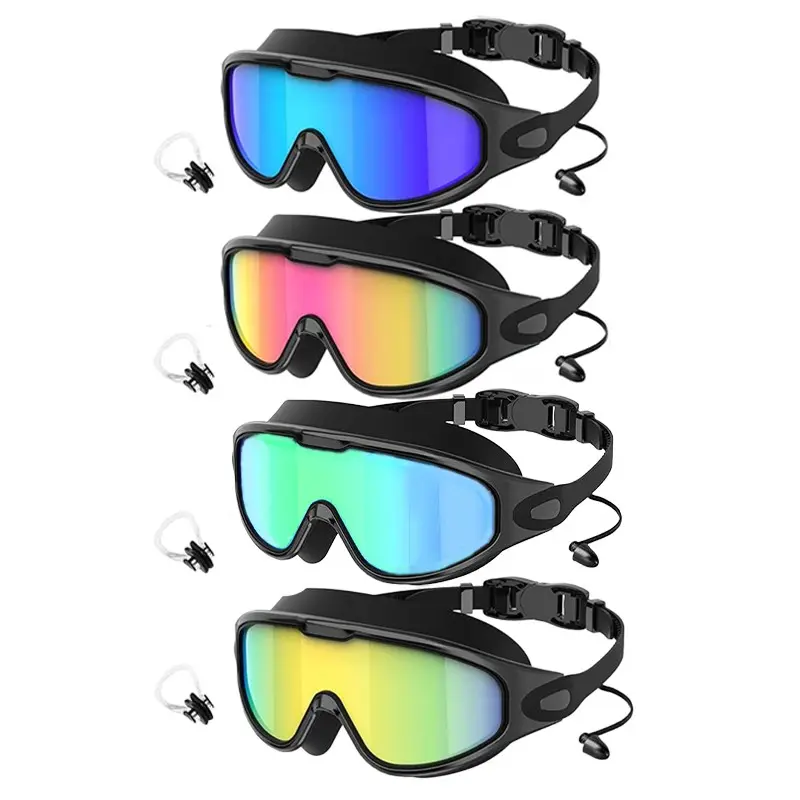 4-Pack Unisex Adult Swimming Goggles Set, Large-Frame Swim Glasses with Nose Clips and Earplugs, UV-Protection, Waterproof and Anti-Fog Swimming Accessories, Pool Goggles
