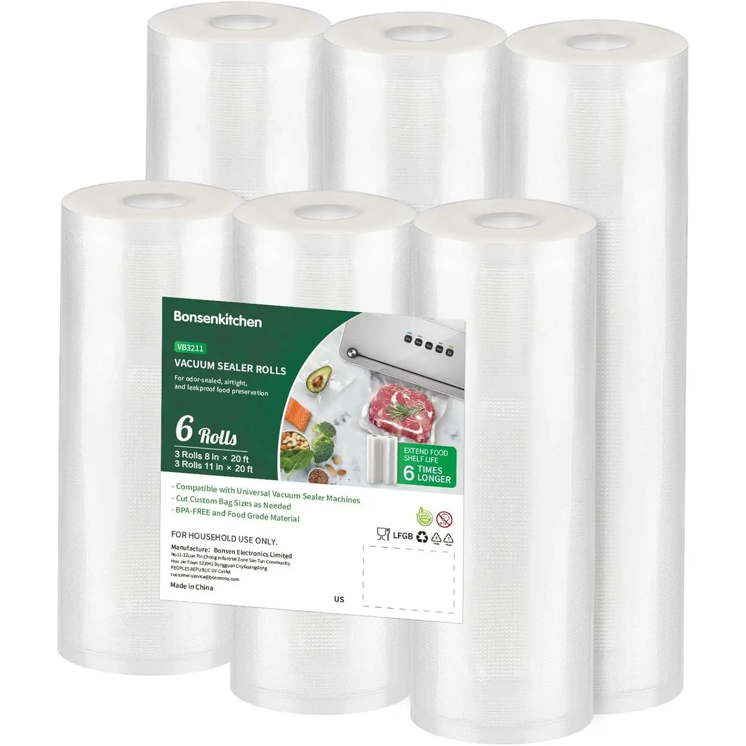 Bonsenkitchen Vacuum Sealer Rolls Bags, 6 Pack 3 Rolls 11" x 20' + 3 Rolls 8" x 20' Commercial Grade BPA Free Bag Rolls, Durable Customized Size Food Vac Bags for Storage and Sous Vide Cooking VB3211,home essentials,back to school,back to school haul
