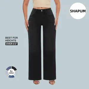 Magic SHAPUM Womens Mid Waist BBL Jeans Wide Leg Loose Fit Stretchy Distressed Denim Pants Dark Blue Light Blue BLACK Tummy Control Curve Hugging Basic Minimalist Comfortable Plus Size Regular Size