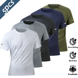 Pack of 5 gray/blue/black/white army green casual athletic printed T-shirts with reflective stripes, breathable quick-dry short-sleeve crew neck tops—running shirts, moisture-wicking T-shirts, fitness training short-sleeve shirts, Fitness Clothes Tops, Gy