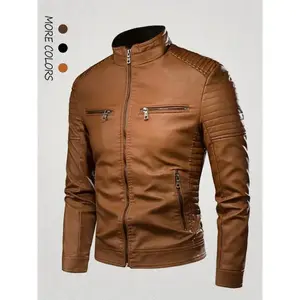 Men's Vintage Style Motorcycle Jacket with Stand Collar, Long Sleeve, Regular Fit, Solid Color, Zipper Closure, Polyester Lined, Casual Wear - Beige Coats Menswear Tops Fabric