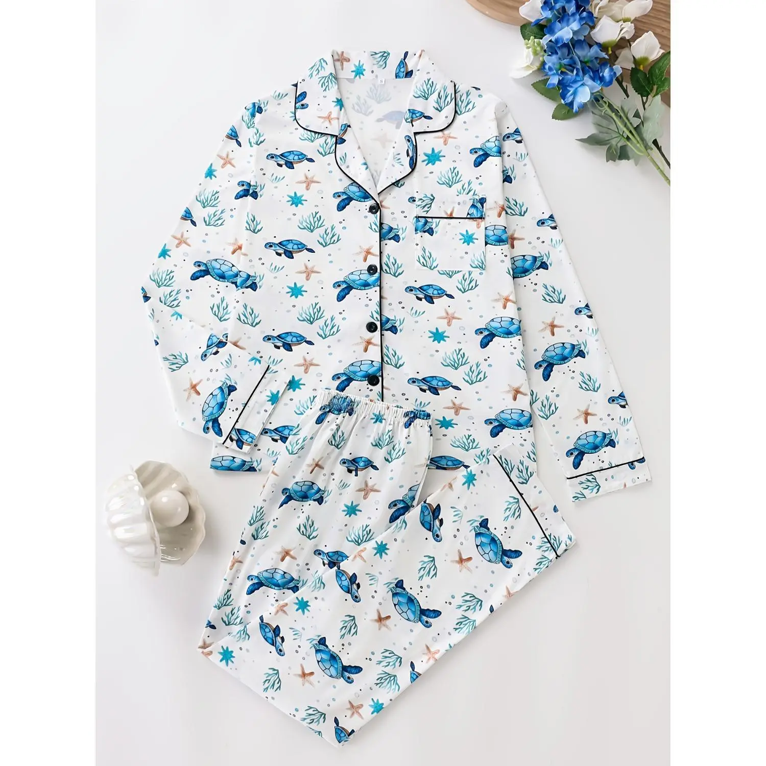 2pcs Turtle + Underwater Element Pattern Printed Long-sleeve Women's Pajama Set, Featuring a Lapel Button-up Long-sleeve Top and Loose Comfortable Pants, Offering a Relaxed and Natural Fit for Women's Sleepwear and Loungewear