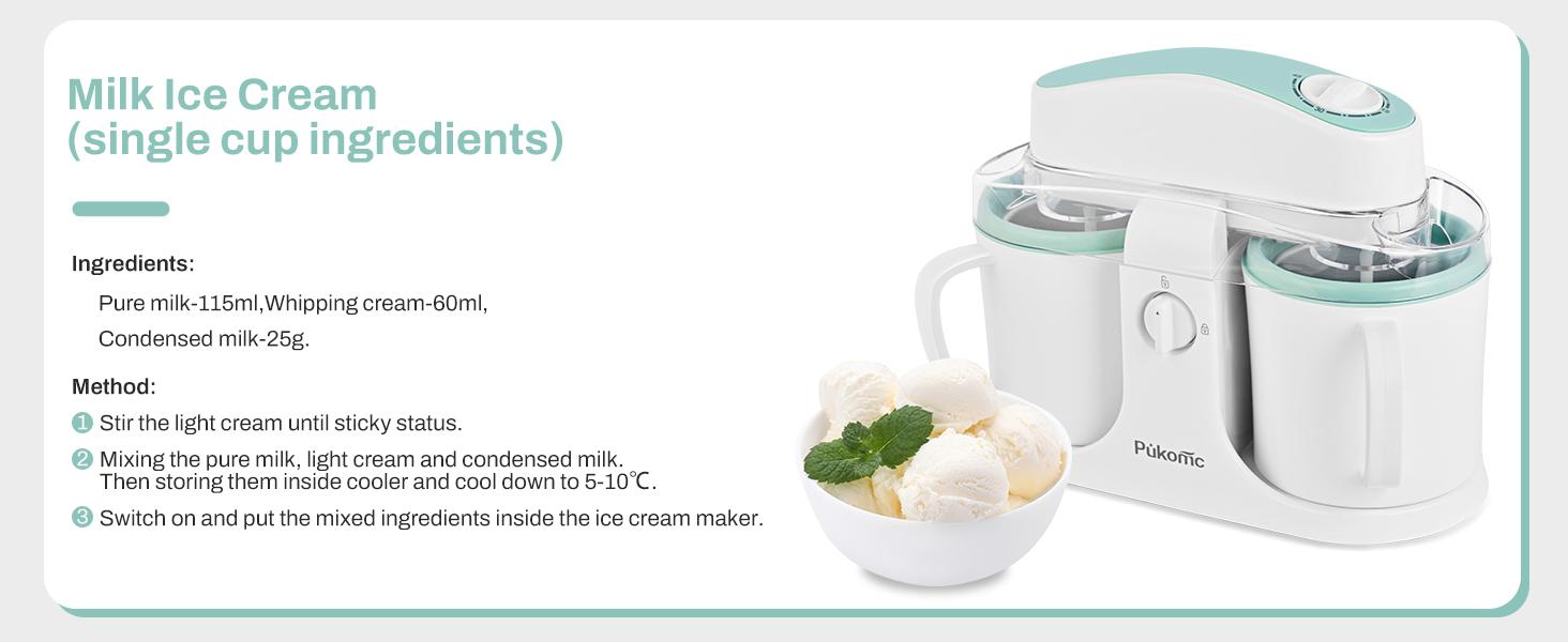 Pukomc Ice Cream Maker Machine for Home Use, with Two Ice Cream Bowls,Simple Operation and Easy to Clean,White Green