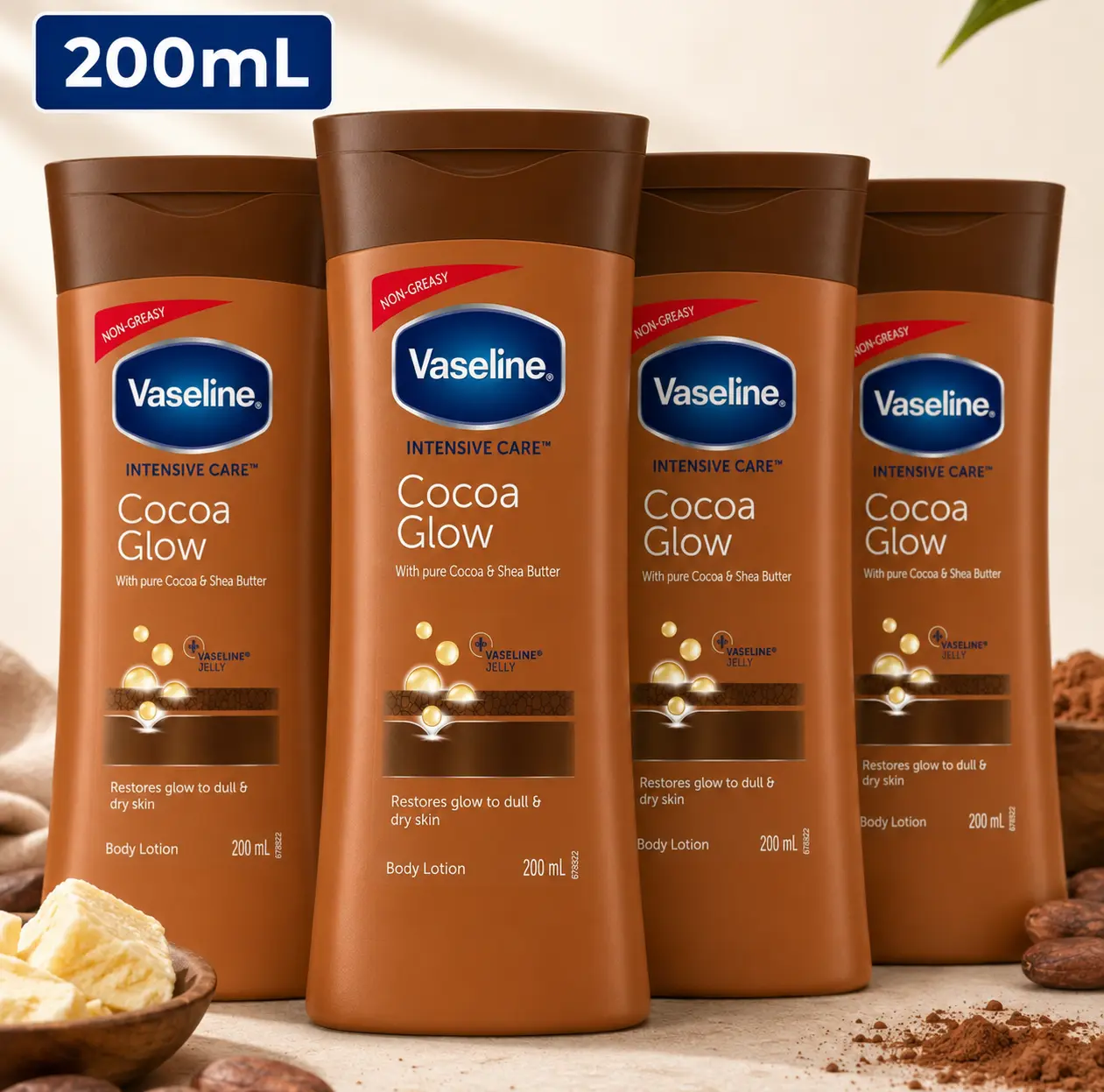Vaseline Cocoa Glow Body Lotion - 200mL Multipack, Nourishing Moisturizing Body Care for All Skin Types, Intensive Deep Hydration with Cocoa & Shea Butter Blend, Scented Non-Greasy Daily Restore Option