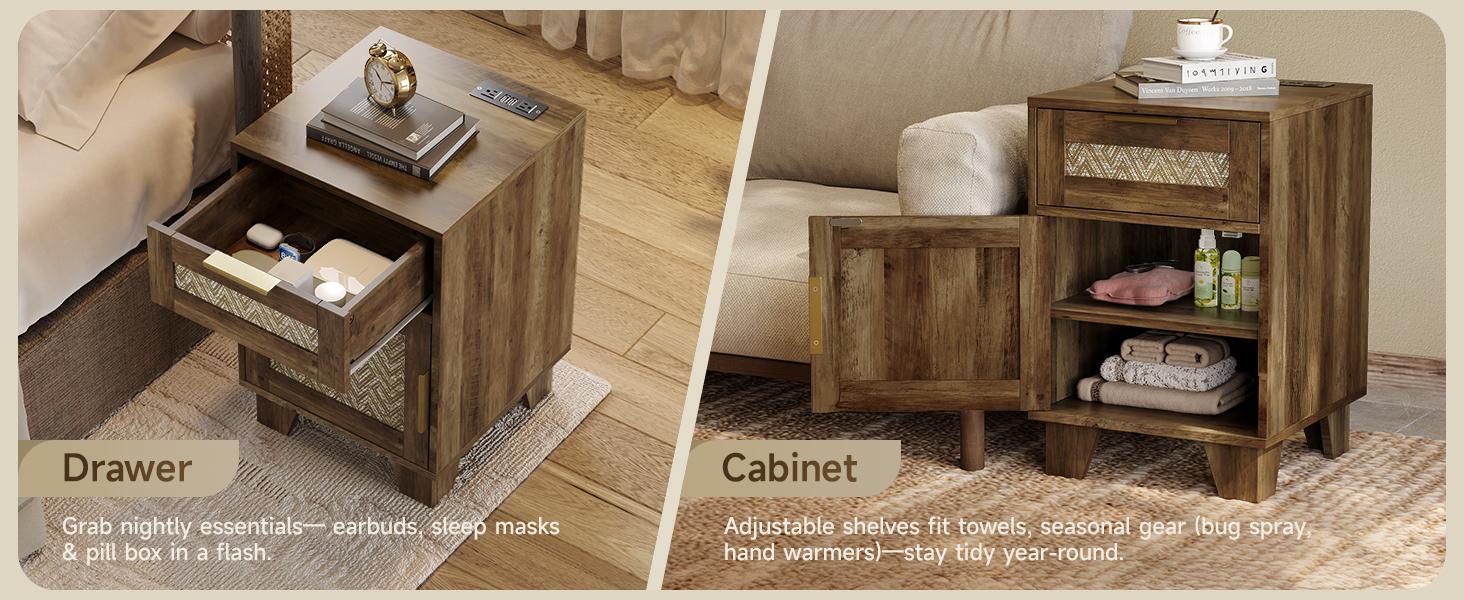 【SPOTLIGHT DAY】ONBRILL End Table with Storage & Charging Station, Farmhouse Wood Night Stand with Drawers, Adjustable Shelf, Bed Side Tables for Small Space, Living Room, Bedroom