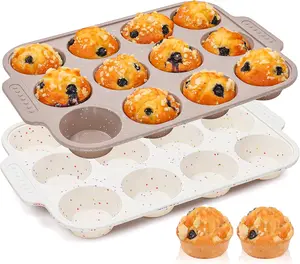 2 Pcs Silicone Muffin Pans for Baking with Metal Reinforced Frame, Nonstick Cupcake Tray for Oven, 12 Cups Regular Size Silicone Molds for Egg Bites, Dishwasher Safe