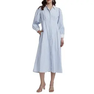 Kedera Women Button Front Pleated Shirt Maxi Dress Striped Prints Long Sleeve Collar Casual Long Dresses