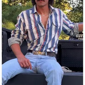2025 Western Cowboy Men's Shirts Blouses Striped Casual Button Down Long Sleeve Shirt Tops With Pockets Menswear Classic Stylish Small Plaid Flannel Tapered Cotton Leather Tights Soft Wetsuit Biker Hooz-001