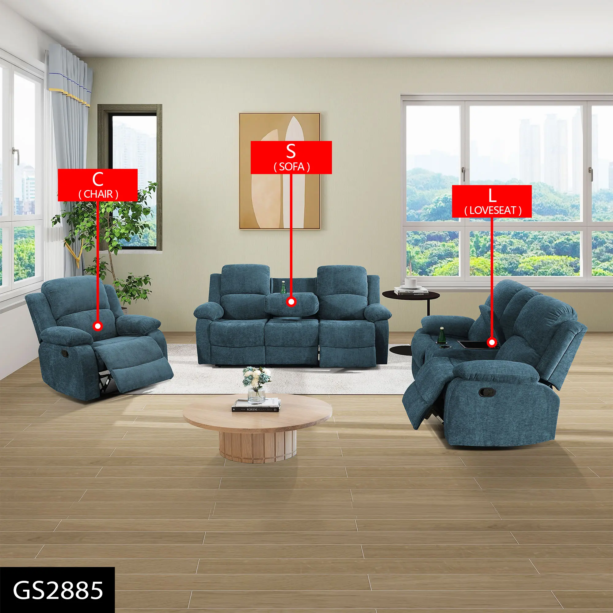 Fabric Recliner Sofa Set, 3 Piece Manual Reclining Couch for Living Room Furniture Set, Modern Reclining Sofa with Pull-Down Table/Cup Holder/Storage for Home, Apartment