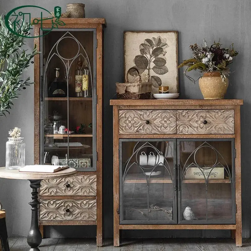 American Rural Living Room Cabinets Retro Vintage Carved Dining Sideboards Solid Wood Glass Wine Cabinet Living Room Furniture
