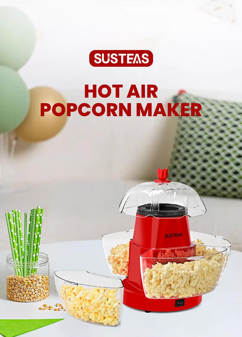 SUSTEAS American Hot Air Popcorn Maker, Electric Popcorn Maker with 4 Serving Bowls and Measuring Cup, Oil-Free, Crunchy & Crispy Quality Kitchen Appliance