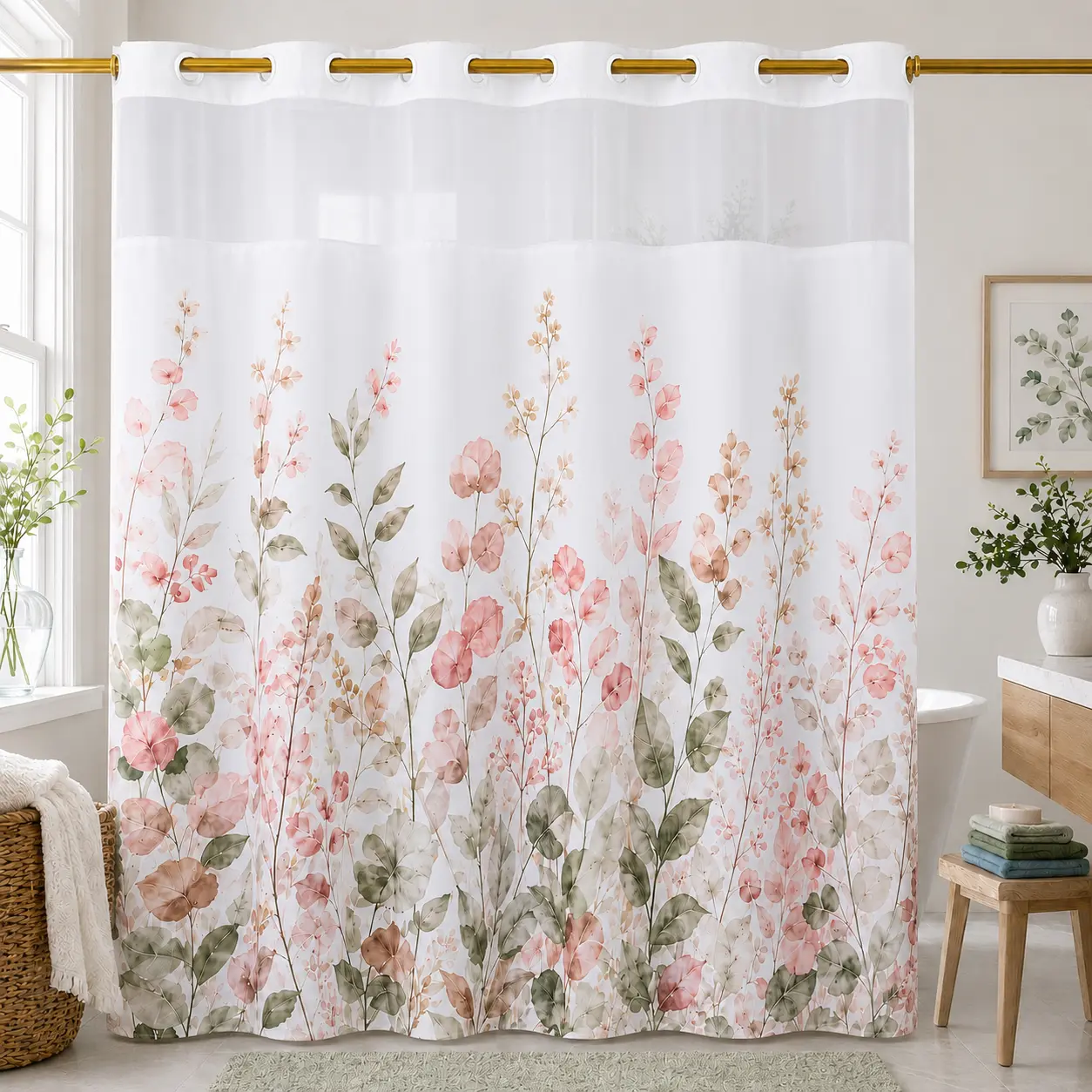 Hookless Shower Curtain with Snap-in Liner, Double Layer Floral Botanical Shower Curtain Set, Sheer Top Window, Waterproof & Washable Bathroom Curtain, 72 x 75 Inch