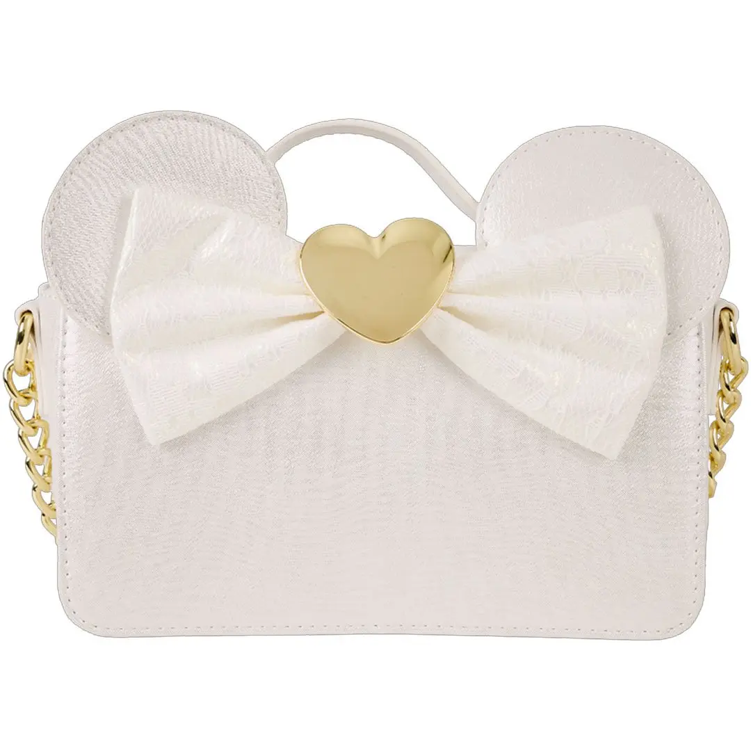 Loungefly Women's Disney Minnie Mouse Iridescent Lace Wedding Crossbody Bag - Faux Leather, Basic Rectangle, Polyester, Metal Accents, Graphic, Adjustable, 3D Bow, Zip Closure, Lightweight, Casual, Embellished Shoulder Clutch Messenger Bag, Embellished Sh