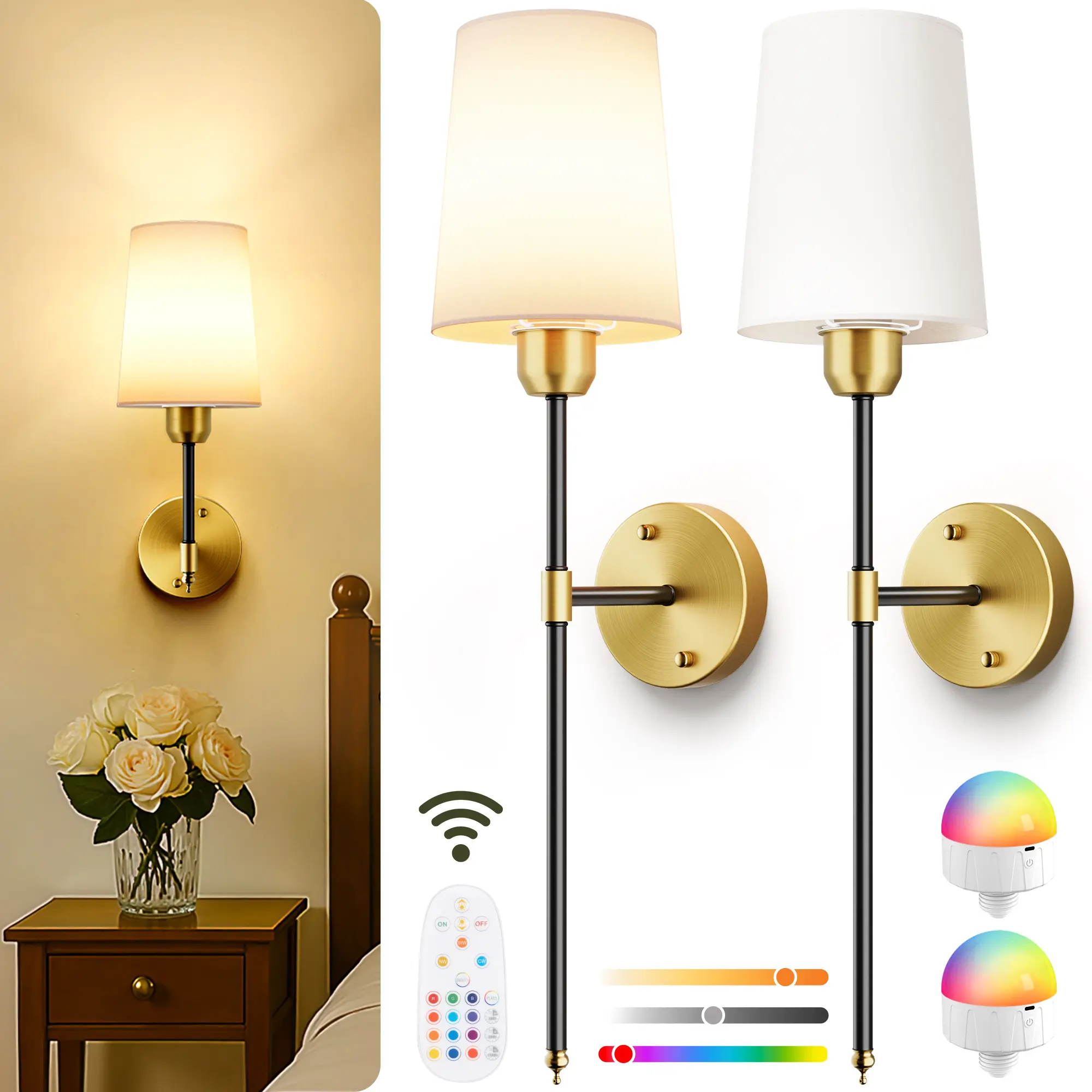 2-Piece Mid-Century Modern Retro Wireless Wall Sconces - Black Gold Metal Frame, Battery-Operated with Rechargeable Magnetic Bulbs, Remote-Dimmable 15 RGB Indoor Lights for Bedroom, Wall Decor, Bathroom Use, Bathroom Wall Decor