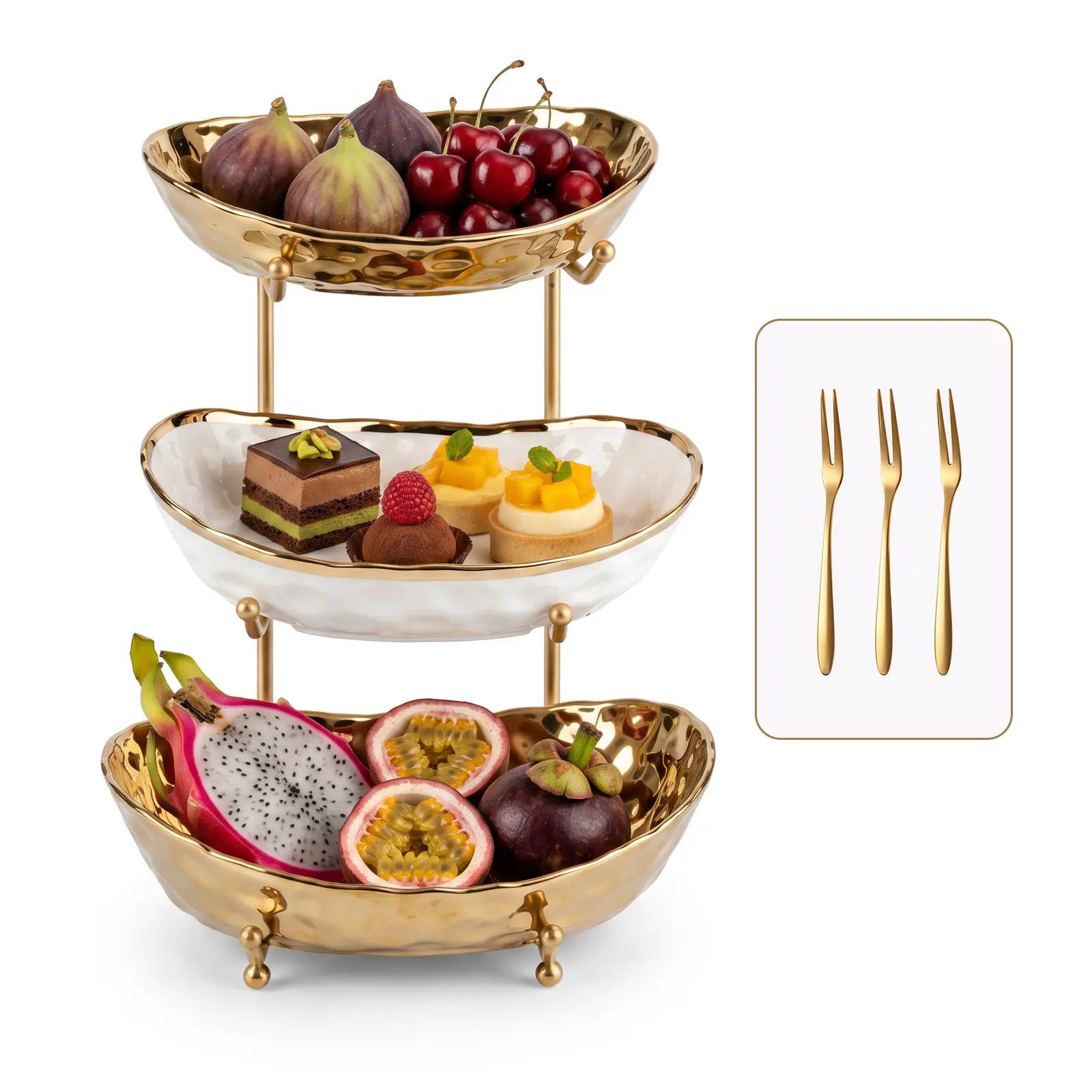 3-Tier Ceramic Fruit Bowl with Gold Metal Stand & 3 Gold Fruit Forks, Modern Kitchen Counter Fruit Basket & Countertop Organizer for Fruit, Snacks, Desserts, Bread & Vegetables