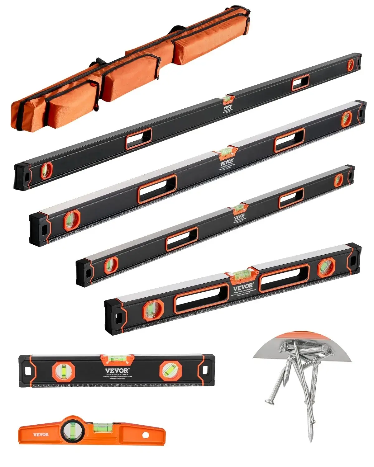 VEVOR 6-Piece Magnetic Torpedo Level Set, Aluminum Alloy Hardware Tools for Construction, with 78/48/32/24/16/10 in Bubble Vial Rulers, 45/90/180 Degree Measurement, Shock-Resistant, SAE & Metric Scales