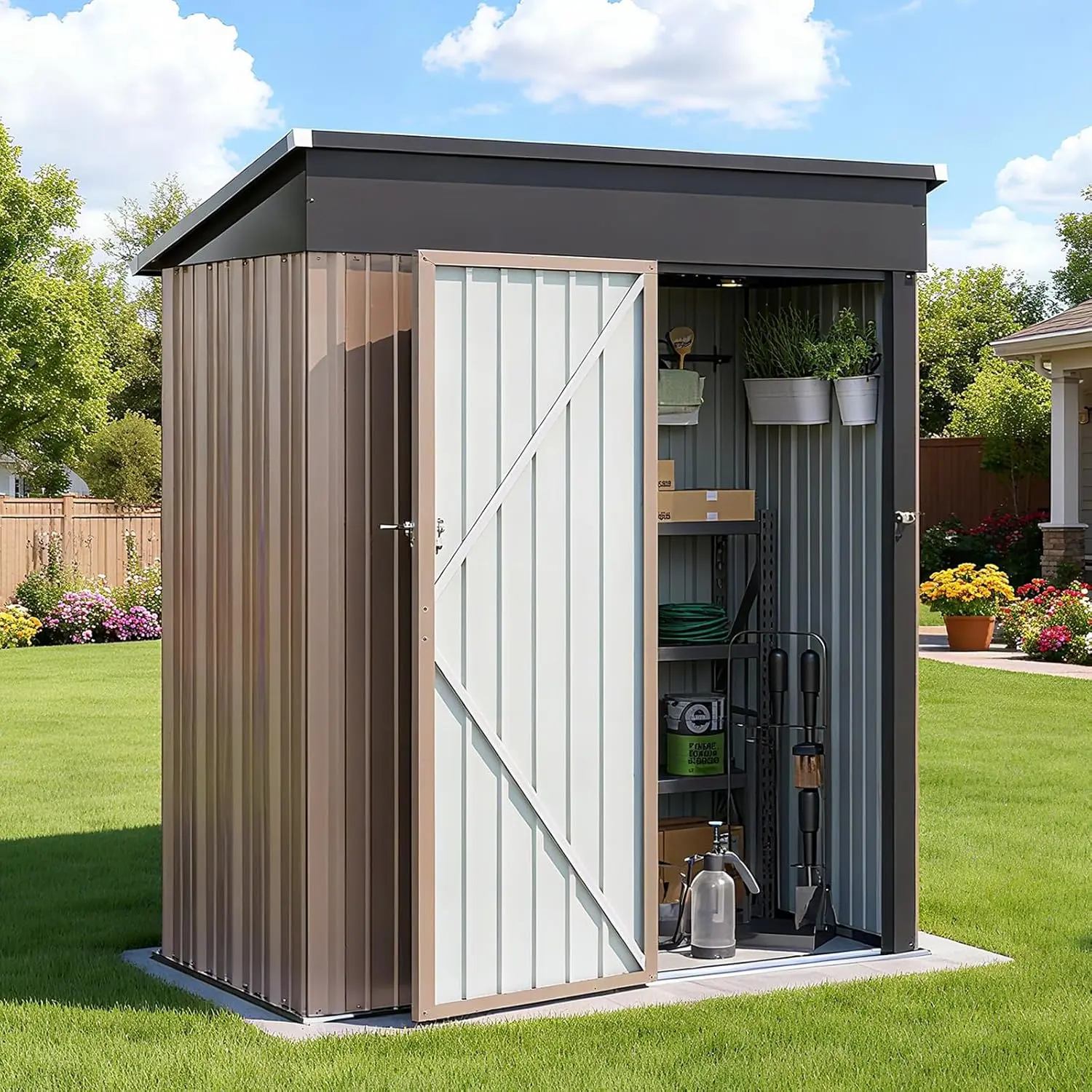 Aoxun Outdoor Storage Shed Metal Garden Tool Shed with Sloping Roof & Lockable Door Brown  for Secure Storage