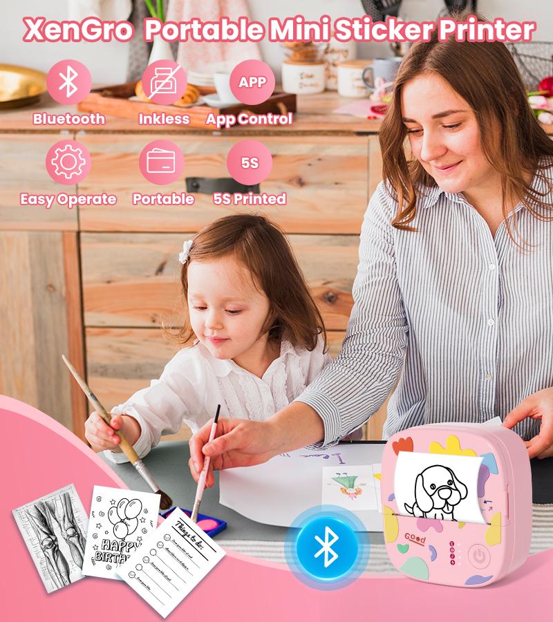 [Springglowup] XenGro Mini Sticker Bluetooth Printer included 3 Roll label Thermal Pocket Printer,Inkless Portable Printer B&W Printing Only for Study Notes, Photos, Memos, Lists, Journals Printing Machine Sticky Label, Birthday Gifts for Girls Boys