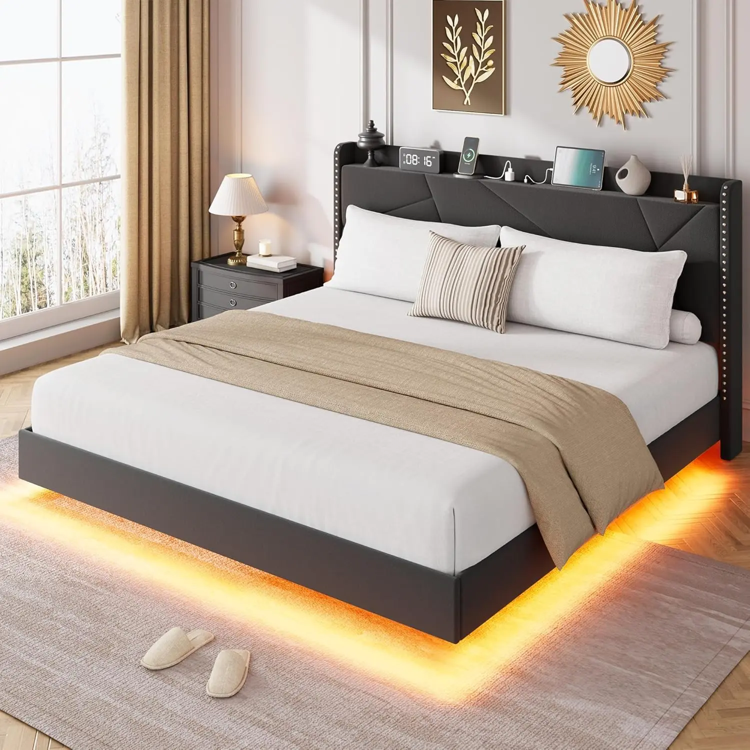 Floating LED Bed Frame with USB Charging Ports & Soft Upholstered Headboard – Modern Glow-in-the-Dark Platform Bed