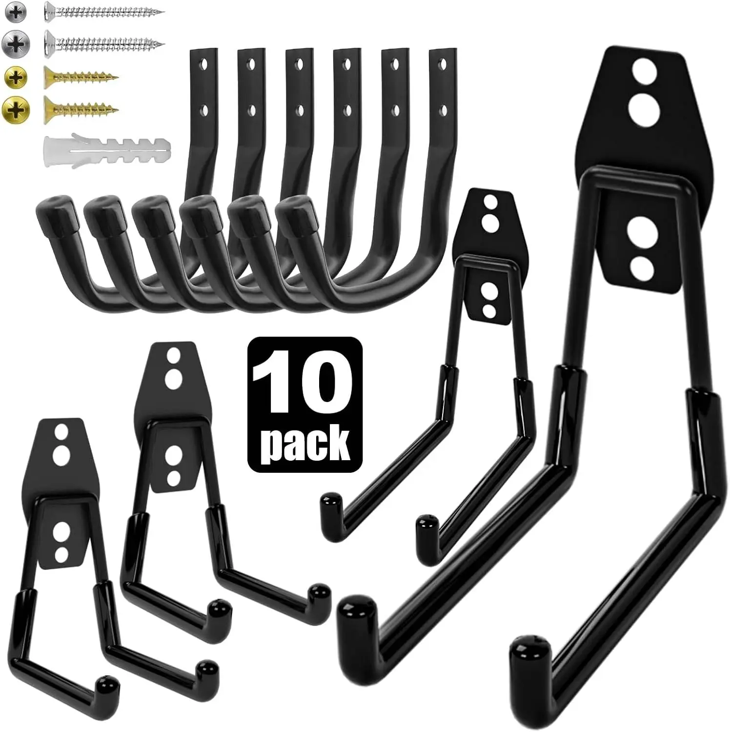 Heavy Duty Wall Garage Hooks, Steel Anti-Slip Utility Hooks Storage Organization Hangers for Ladders, Bikes, Hose, Garden Tools, Coats, Bags with Mounting Hardware Kit (Black, 10 Pack)