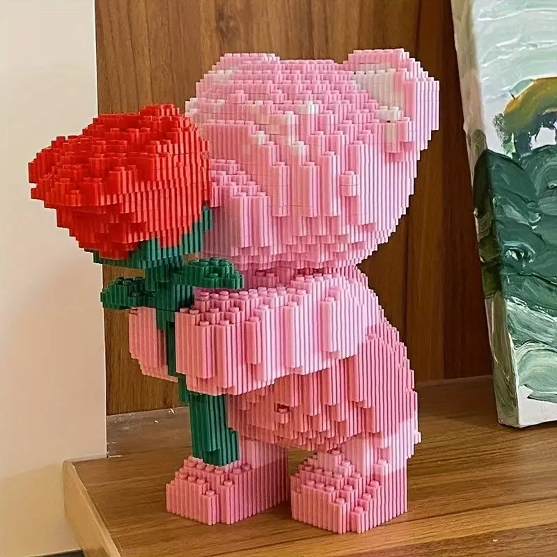 1680pcs Rose Bear Building Blocks Set, Teddy Bear Holding Roses Design, Challenging Assembly Model, Perfect Gift for Couples and Parents