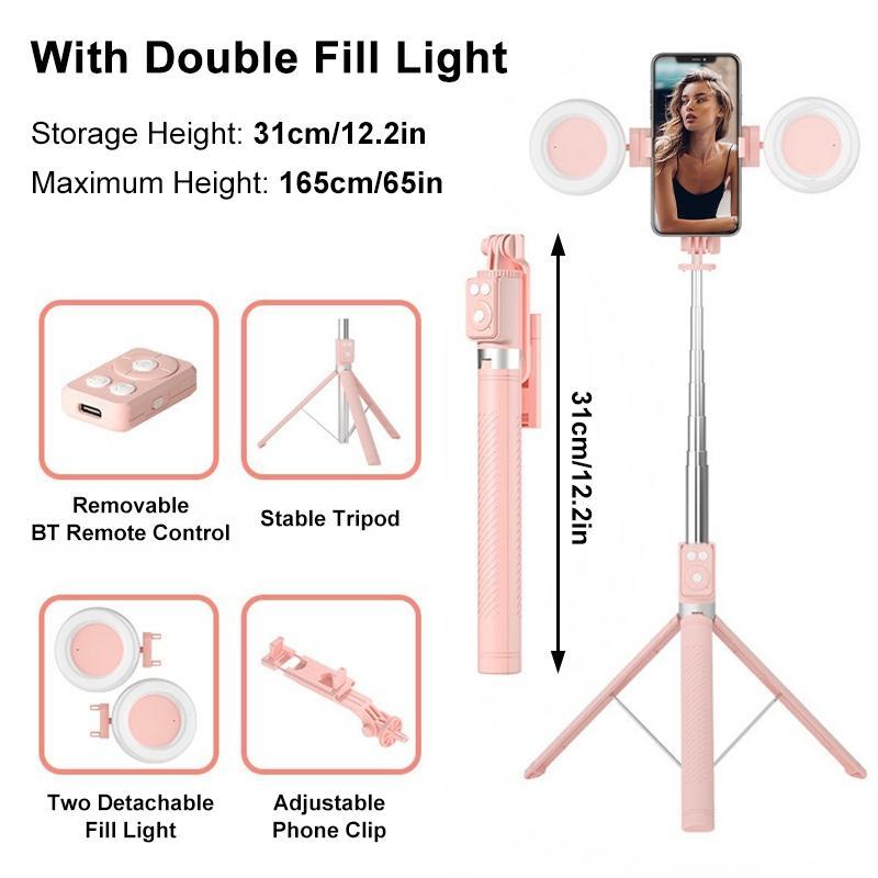 Multifunctional Selfie Stick, Retractable Mobile Phone Tripod with Dual Beauty Fill Lights, Travel Tripod, Selfie Stick with BT Remote Control for Smartphone Live Streaming, Vlog, Photography