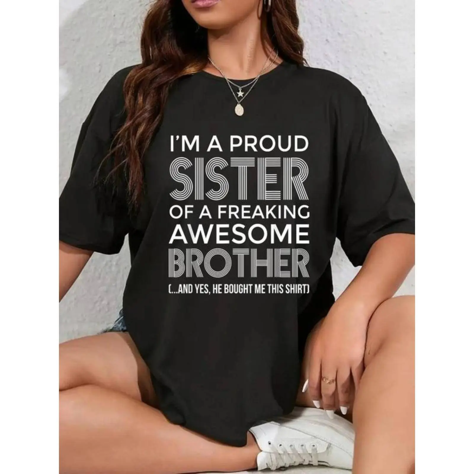 Women's Vintage Classic Cotton T-Shirt - Casual Unisex Hoodie Top, Proud Sister & Awesome Brother Funny Round Neck Sweatshirt