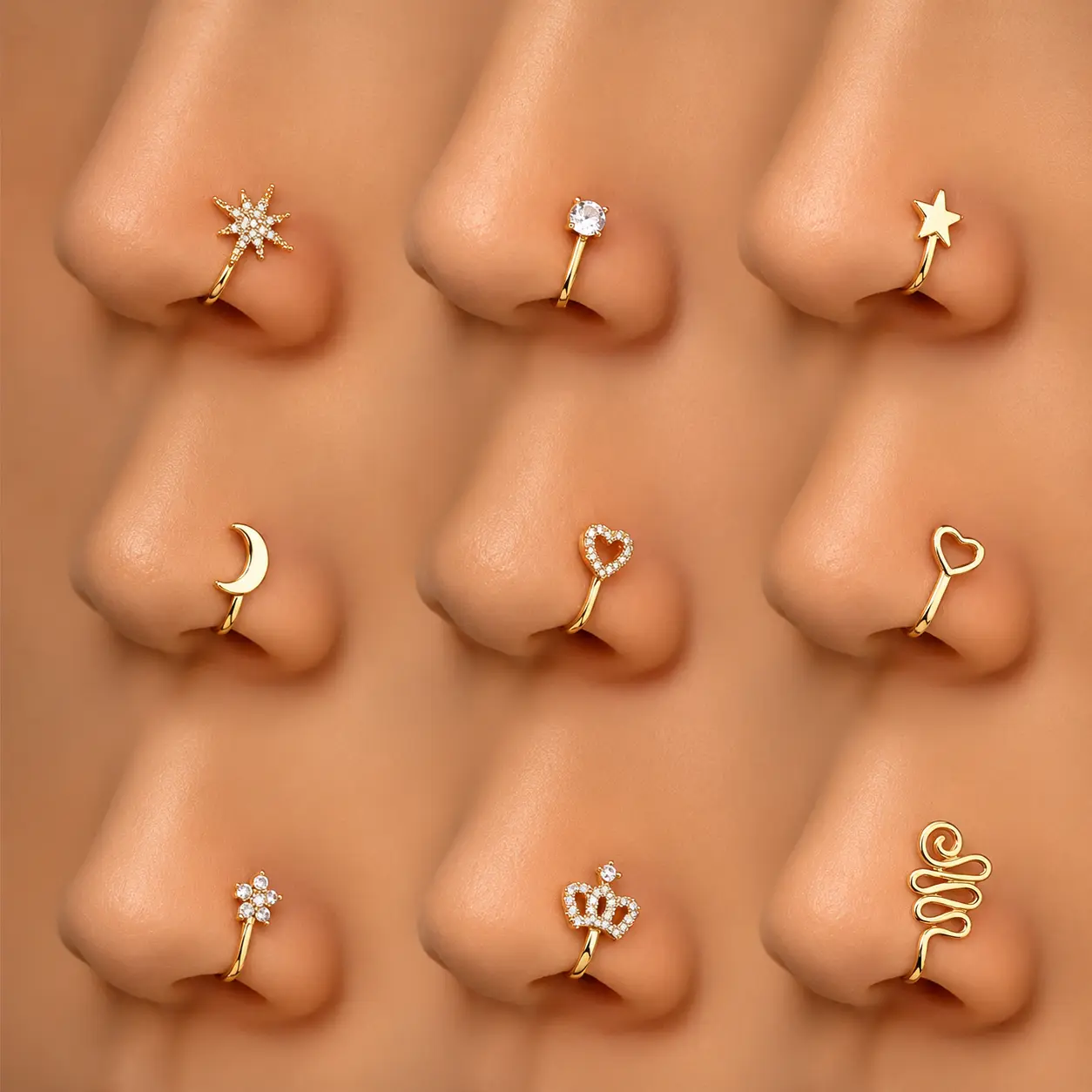 Women's 9pcs Copper Non-Piercing Nose Clips - U-Shape, Star, Love, Crown Designs with Zirconia, Aesthetic Whimsical Fake Nose Rings, Funky Unique Accessories for Women, Chic Whimsical Gifts (TikTok Shop Spring Glow Up Pick), Teenage Girls Gifts